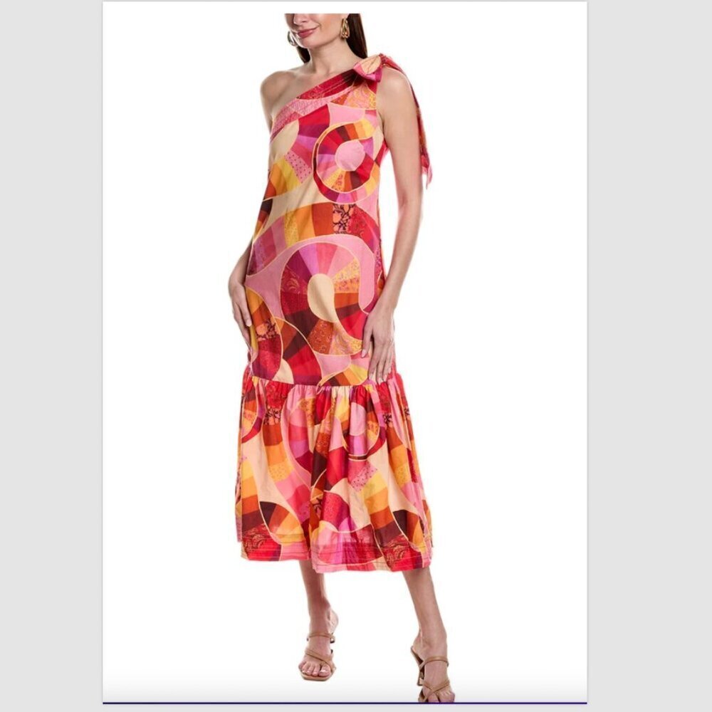 Farm Rio Patch Twirl One Shoulder Maxi Dress Size XL 100% Cotton Pink Red Multi